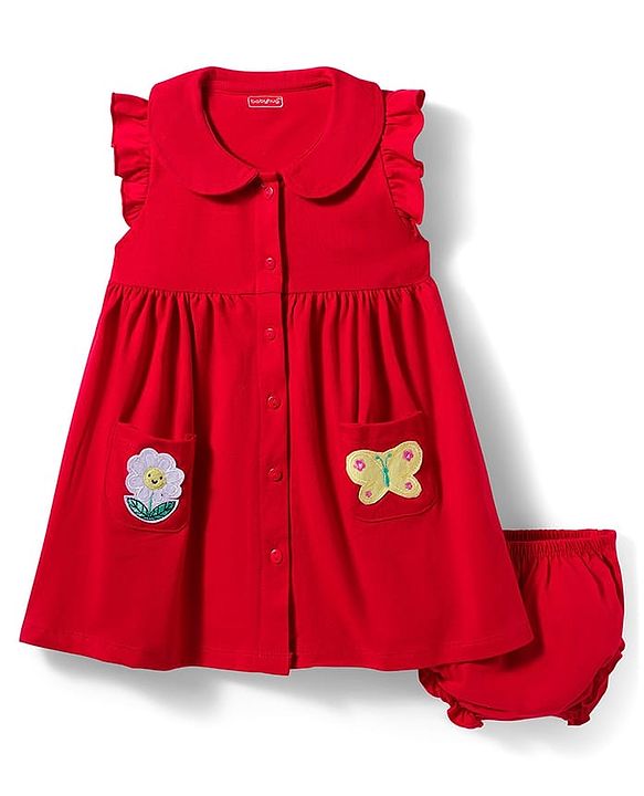 Babyhug Single Jersey Knit Frill Sleeves Frock with Bloomer & Patch Detailing - Red