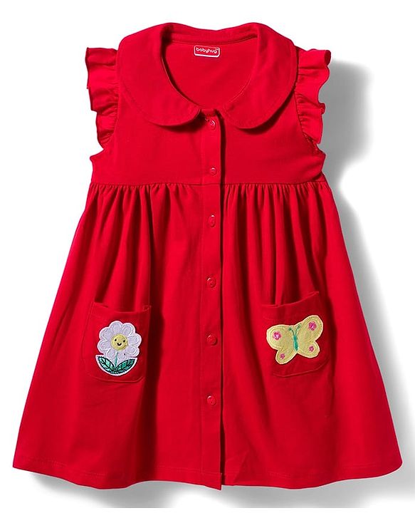 Babyhug Single Jersey Knit Frill Sleeves Frock with Bloomer & Patch Detailing - Red