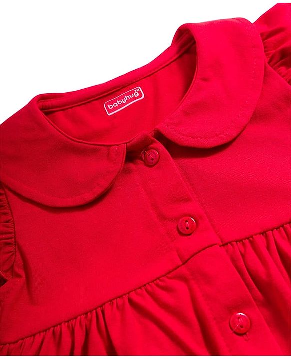Babyhug Single Jersey Knit Frill Sleeves Frock with Bloomer & Patch Detailing - Red