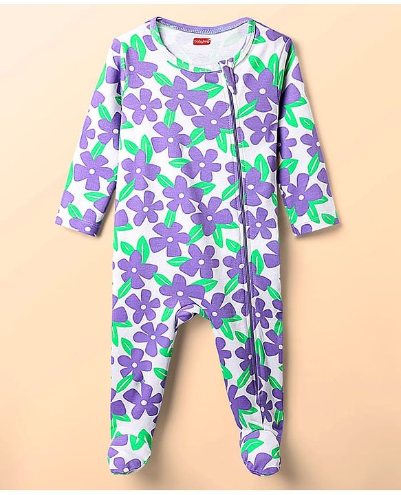 Babyhug Cotton Knit Full Sleeves Footed Sleep Suit With Floral Print - White