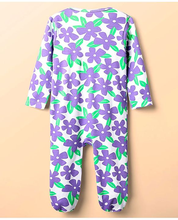 Babyhug Cotton Knit Full Sleeves Footed Sleep Suit With Floral Print - White