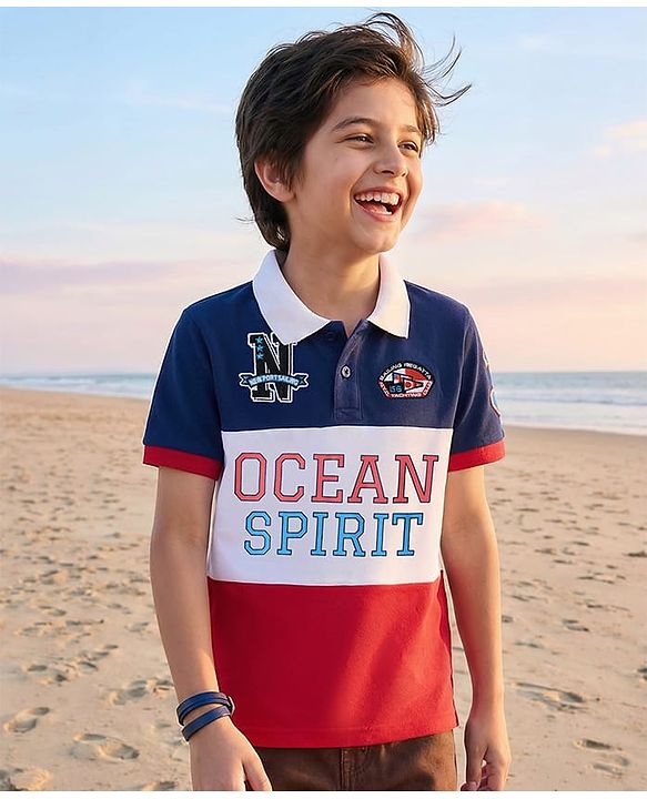 Pine Kids Cotton Knit Half Sleeves Cut & Sew Polo T-Shirt with Text Print & Patch Detailing - Red White & Navy Blue