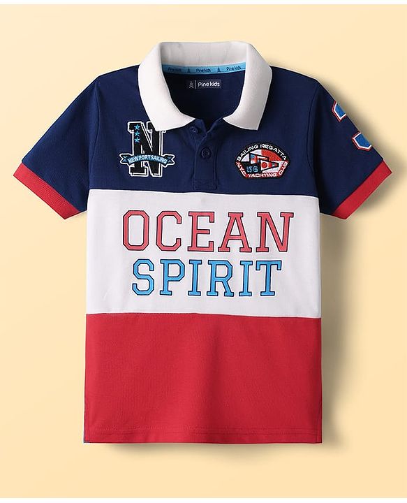 Pine Kids Cotton Knit Half Sleeves Cut & Sew Polo T-Shirt with Text Print & Patch Detailing - Red White & Navy Blue