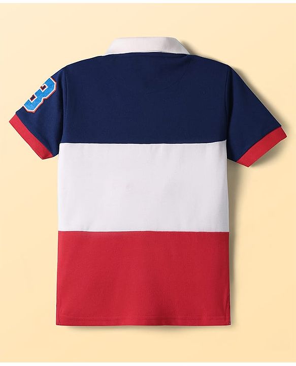 Pine Kids Cotton Knit Half Sleeves Cut & Sew Polo T-Shirt with Text Print & Patch Detailing - Red White & Navy Blue
