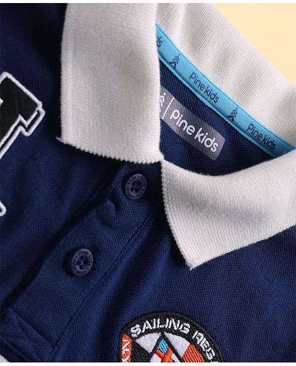 Pine Kids Cotton Knit Half Sleeves Cut & Sew Polo T-Shirt with Text Print & Patch Detailing - Red White & Navy Blue