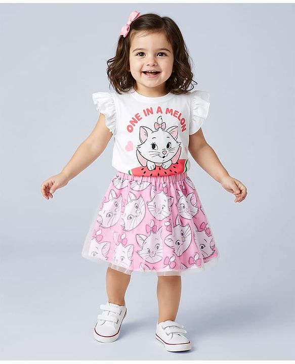 Babyhug Disney Single Jersey Knit Frill Sleeves Top & Skirt Set with Marie Graphics - White & Pink