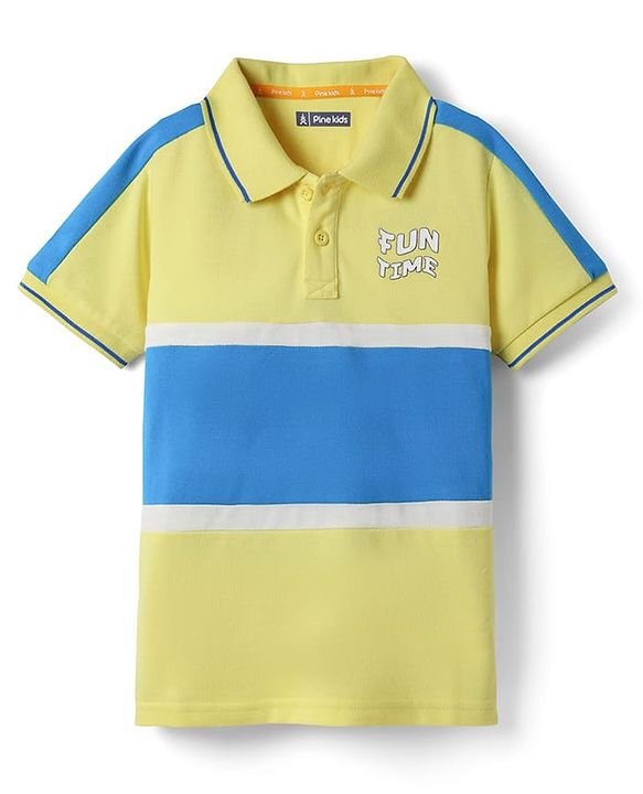 Pine Kids Cotton Knit Half Sleeves Cut & Sew Polo T-Shirt with Fun Time Text Print - Lemon Yellow & Blue