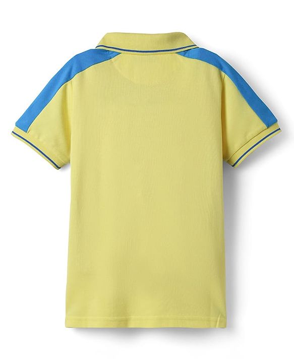 Pine Kids Cotton Knit Half Sleeves Cut & Sew Polo T-Shirt with Fun Time Text Print - Lemon Yellow & Blue