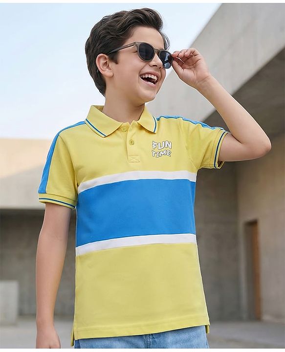 Pine Kids Cotton Knit Half Sleeves Cut & Sew Polo T-Shirt with Fun Time Text Print - Lemon Yellow & Blue