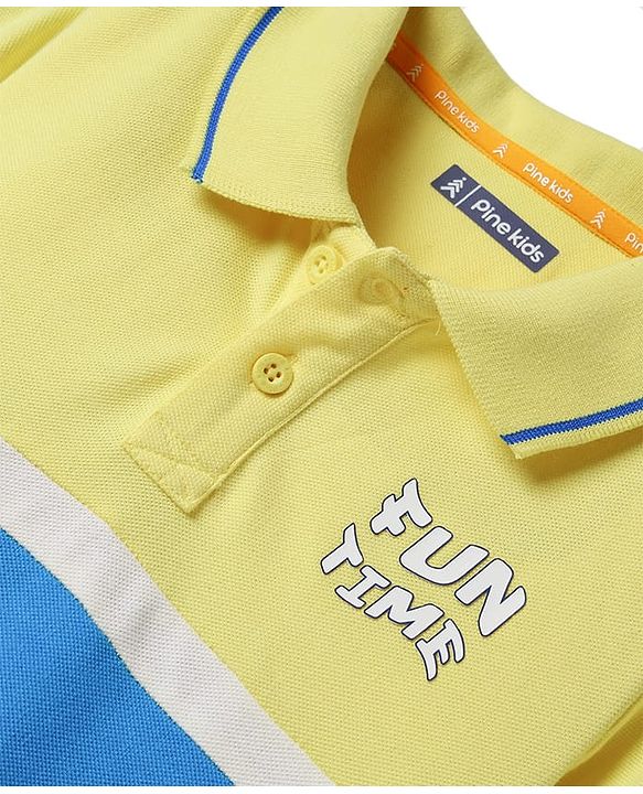 Pine Kids Cotton Knit Half Sleeves Cut & Sew Polo T-Shirt with Fun Time Text Print - Lemon Yellow & Blue