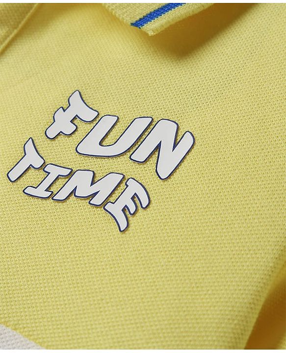 Pine Kids Cotton Knit Half Sleeves Cut & Sew Polo T-Shirt with Fun Time Text Print - Lemon Yellow & Blue