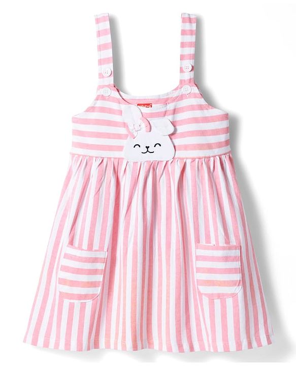 Babyhug Cotton Knit Frock with Full Sleeves Inner Tee Tropical Theme Print & Bunny Embroidery - Pink