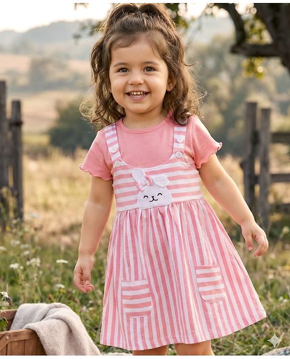 Babyhug Cotton Knit Frock with Full Sleeves Inner Tee Tropical Theme Print & Bunny Embroidery - Pink