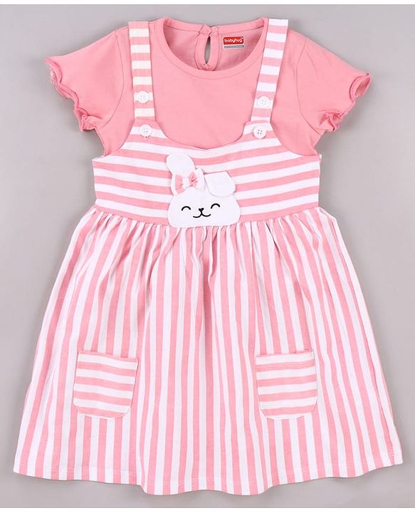 Babyhug Cotton Knit Frock with Full Sleeves Inner Tee Tropical Theme Print & Bunny Embroidery - Pink