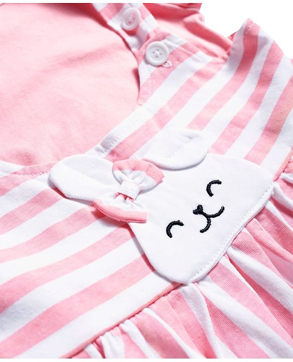 Babyhug Cotton Knit Frock with Full Sleeves Inner Tee Tropical Theme Print & Bunny Embroidery - Pink