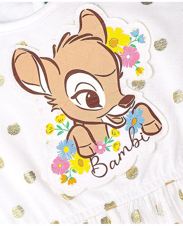Babyhug Disney Single Jersey Knit Frill Sleeves Party Dress with Bambi Graphics & Foil Print - White