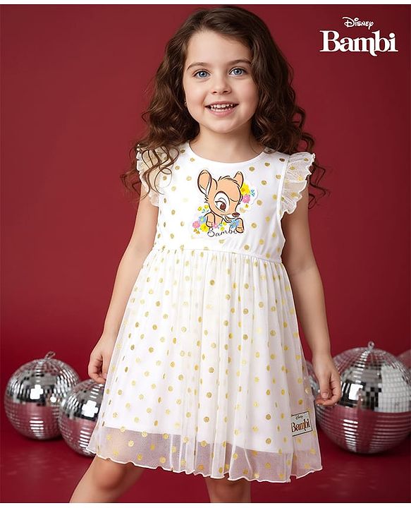 Babyhug Disney Single Jersey Knit Frill Sleeves Party Dress with Bambi Graphics & Foil Print - White