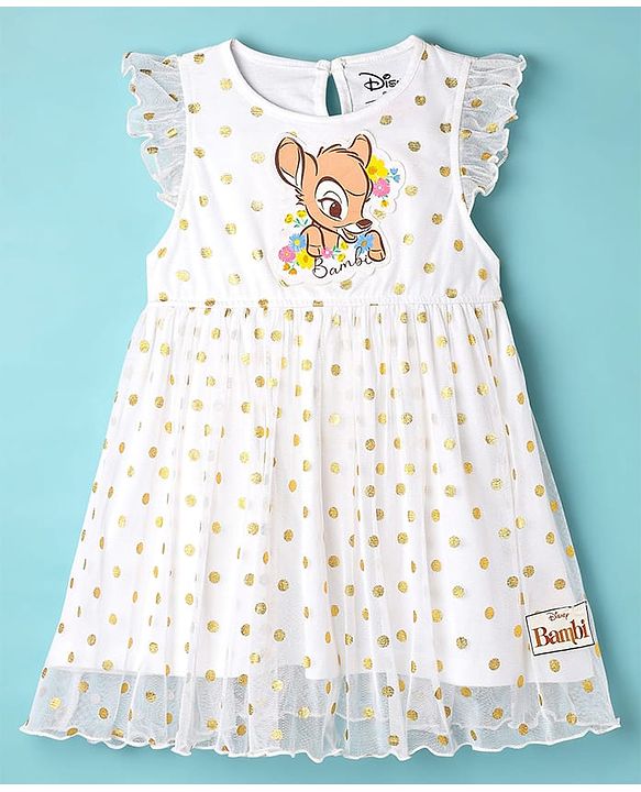 Babyhug Disney Single Jersey Knit Frill Sleeves Party Dress with Bambi Graphics & Foil Print - White