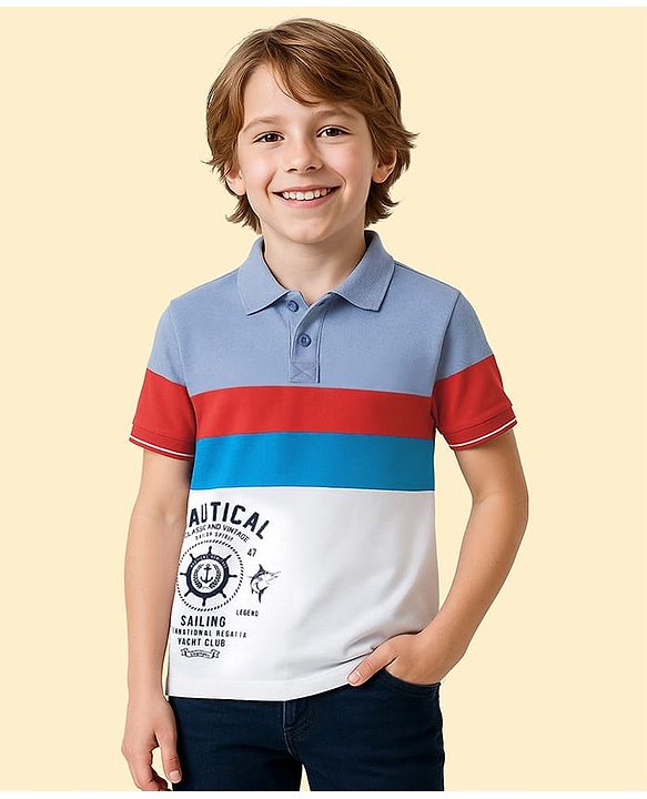 Pine Kids Cotton Knit Half Sleeves Cut & Sew Polo T-Shirt with Nautical Theme Print - Blue & White