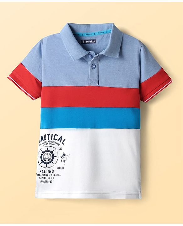 Pine Kids Cotton Knit Half Sleeves Cut & Sew Polo T-Shirt with Nautical Theme Print - Blue & White