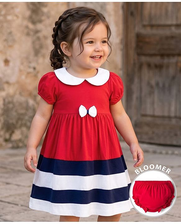 Babyhug Single Jersey Knit Half Puffed Sleeves Frock with Cut & Sew Design Bow Applique & Bloomer - Red