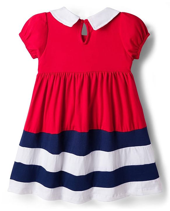 Babyhug Single Jersey Knit Half Puffed Sleeves Frock with Cut & Sew Design Bow Applique & Bloomer - Red