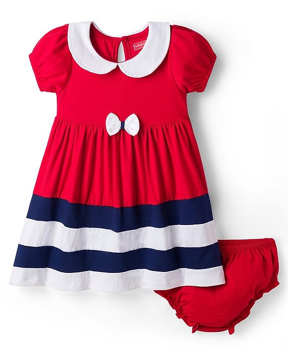 Babyhug Single Jersey Knit Half Puffed Sleeves Frock with Cut & Sew Design Bow Applique & Bloomer - Red