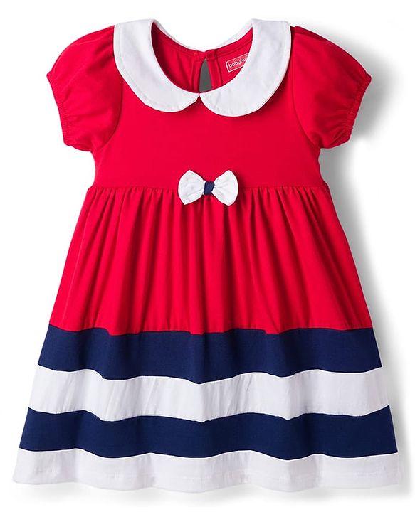 Babyhug Single Jersey Knit Half Puffed Sleeves Frock with Cut & Sew Design Bow Applique & Bloomer - Red