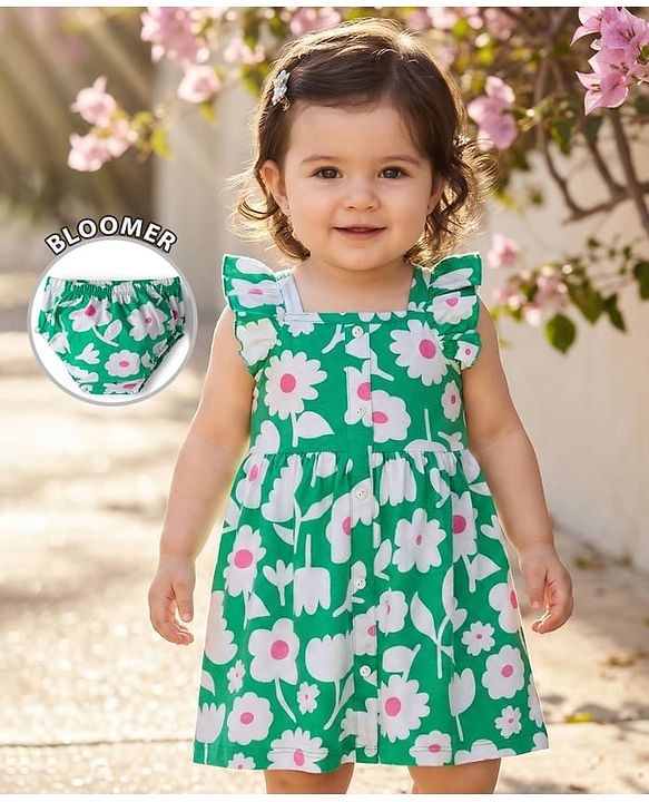 Babyhug Single Jersey Knit Frill  Sleeves Frock with Floral Print & Bloomer - Mint Green