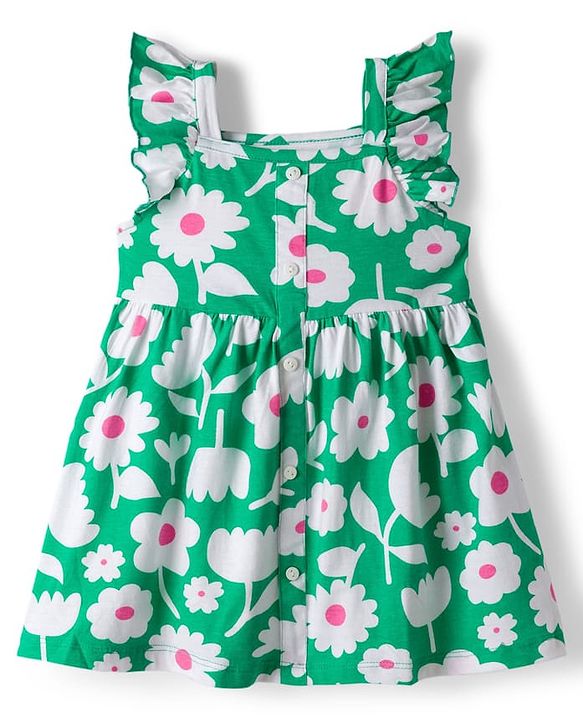 Babyhug Single Jersey Knit Frill  Sleeves Frock with Floral Print & Bloomer - Mint Green