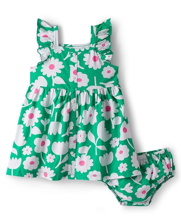 Babyhug Single Jersey Knit Frill  Sleeves Frock with Floral Print & Bloomer - Mint Green