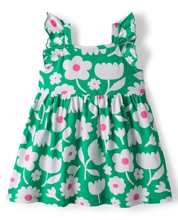 Babyhug Single Jersey Knit Frill  Sleeves Frock with Floral Print & Bloomer - Mint Green