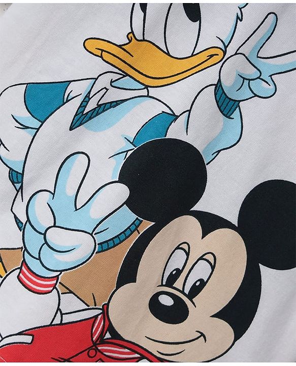 Babyhug Disney Single Jersey Knit Half Drop Shoulder Sleeves T-Shirt & Denim Shorts Set With Mickey & Friends Graphics - White & Blue