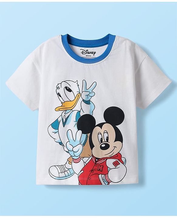 Babyhug Disney Single Jersey Knit Half Drop Shoulder Sleeves T-Shirt & Denim Shorts Set With Mickey & Friends Graphics - White & Blue