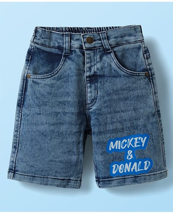 Babyhug Disney Single Jersey Knit Half Drop Shoulder Sleeves T-Shirt & Denim Shorts Set With Mickey & Friends Graphics - White & Blue