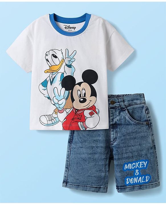 Babyhug Disney Single Jersey Knit Half Drop Shoulder Sleeves T-Shirt & Denim Shorts Set With Mickey & Friends Graphics - White & Blue