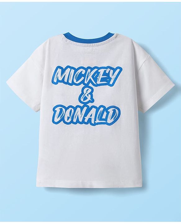 Babyhug Disney Single Jersey Knit Half Drop Shoulder Sleeves T-Shirt & Denim Shorts Set With Mickey & Friends Graphics - White & Blue