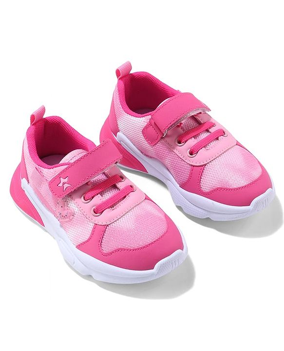 Cute Walk by Babyhug Velcro Closure Sneaker Shoes With Heart Applique & Lace Detailing - Fuchsia
