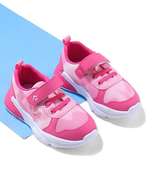 Cute Walk by Babyhug Velcro Closure Sneaker Shoes With Heart Applique & Lace Detailing - Fuchsia