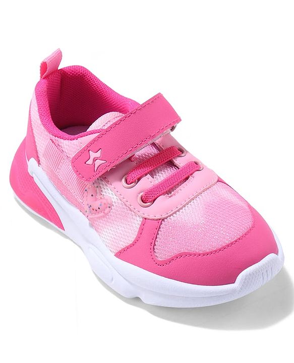 Cute Walk by Babyhug Velcro Closure Sneaker Shoes With Heart Applique & Lace Detailing - Fuchsia