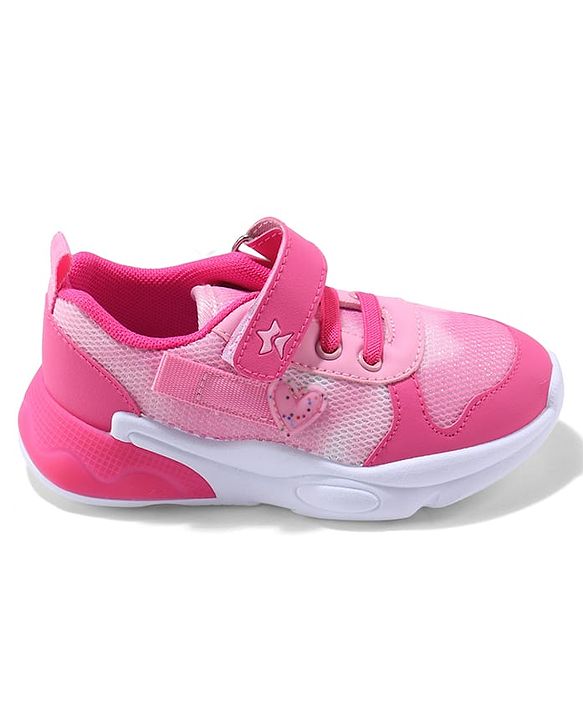 Cute Walk by Babyhug Velcro Closure Sneaker Shoes With Heart Applique & Lace Detailing - Fuchsia