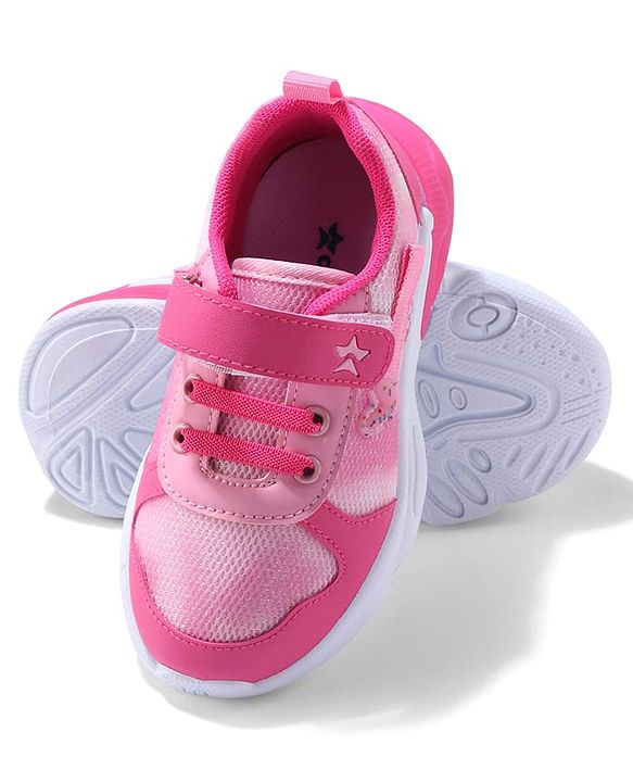 Cute Walk by Babyhug Velcro Closure Sneaker Shoes With Heart Applique & Lace Detailing - Fuchsia
