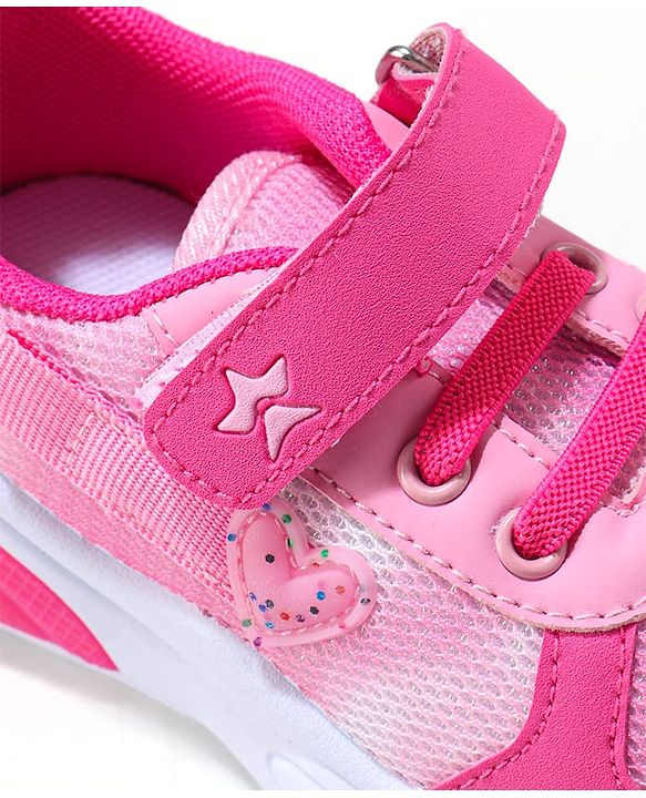 Cute Walk by Babyhug Velcro Closure Sneaker Shoes With Heart Applique & Lace Detailing - Fuchsia