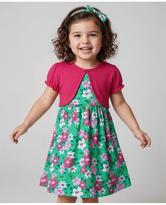 Babyhug Single Jersey Knit Frock & Half Sleeves Shrug With Floral Print & Headband - Green & Pink