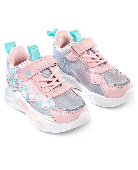 Cute Walk by Babyhug Velcro Closure Sneaker Shoes With Lace Detailing & Splash Print - Pink