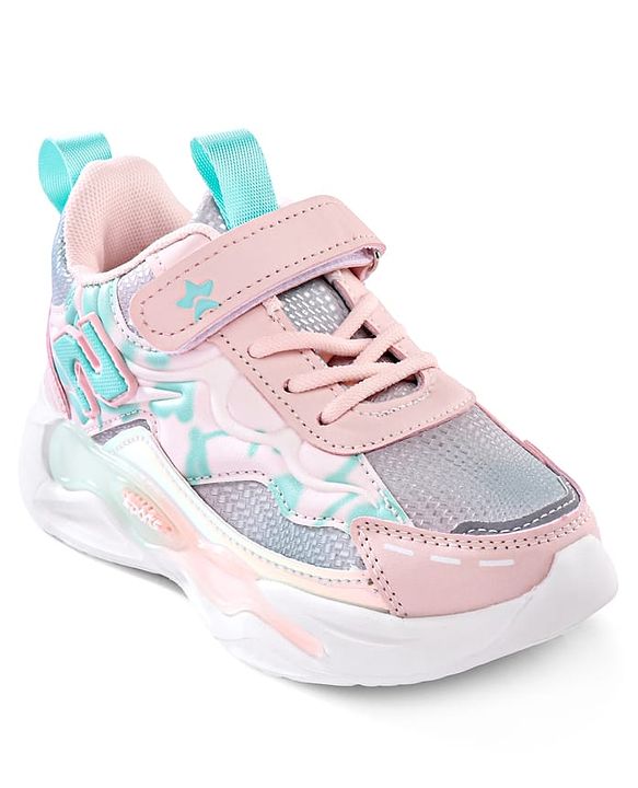 Cute Walk by Babyhug Velcro Closure Sneaker Shoes With Lace Detailing & Splash Print - Pink
