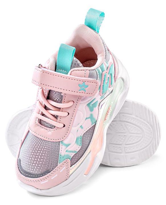 Cute Walk by Babyhug Velcro Closure Sneaker Shoes With Lace Detailing & Splash Print - Pink