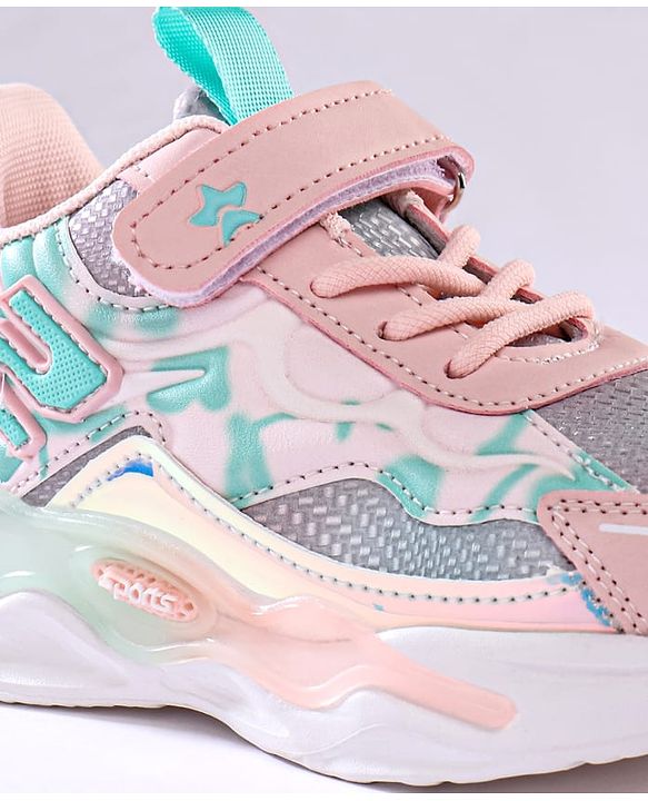Cute Walk by Babyhug Velcro Closure Sneaker Shoes With Lace Detailing & Splash Print - Pink