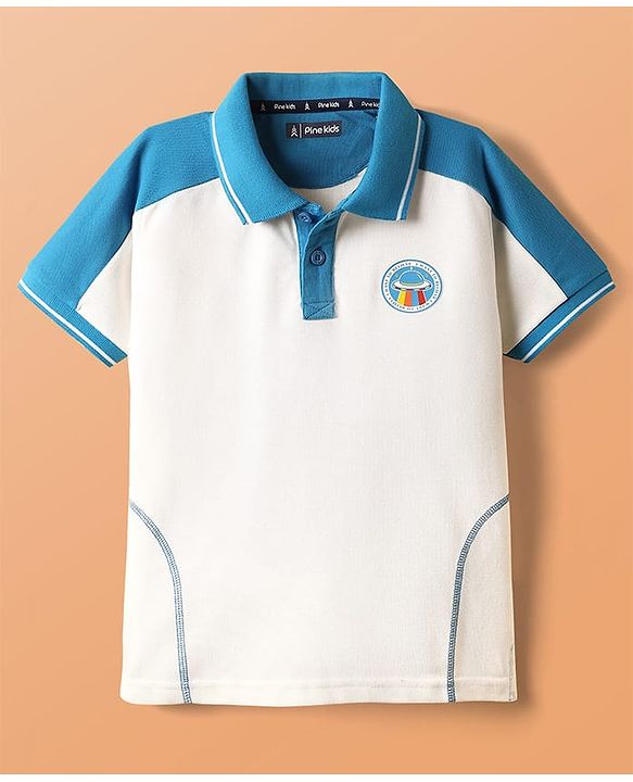 Pine Kids Cotton Knit Polo T-Shirt With I Want To Belive Text Print - Blue & White