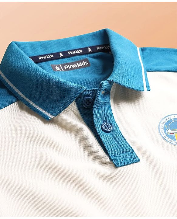 Pine Kids Cotton Knit Polo T-Shirt With I Want To Belive Text Print - Blue & White